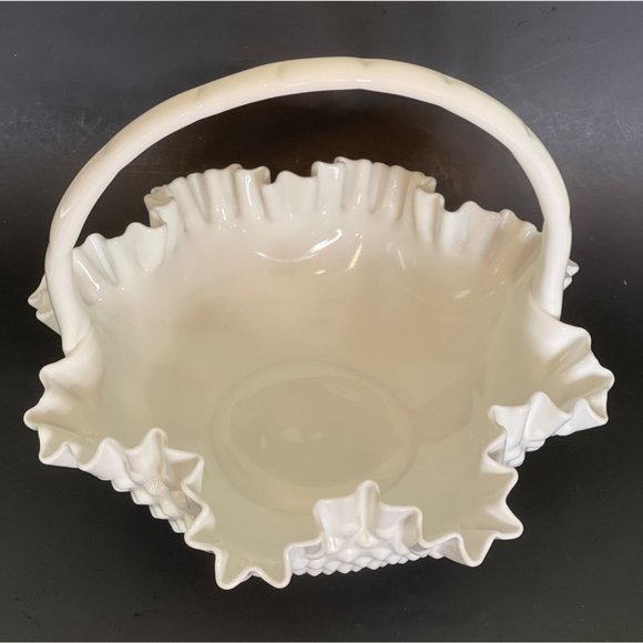 Fenton Milk Glass Bride Basket Hobnail Large 9” x 11.5” Vintage Ruffled Wave - Picture 2 of 8